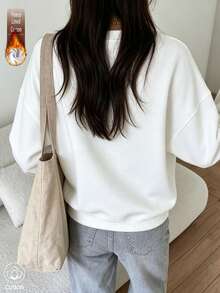 Women's Fleece Lined Pure Cotton Pullover Sweatshirt, Long Sleeve Round Neck Drop Shoulder Ribbed Knit Top, Suitable For Autumn Casual Wear, Warm And Soft - White - View 2