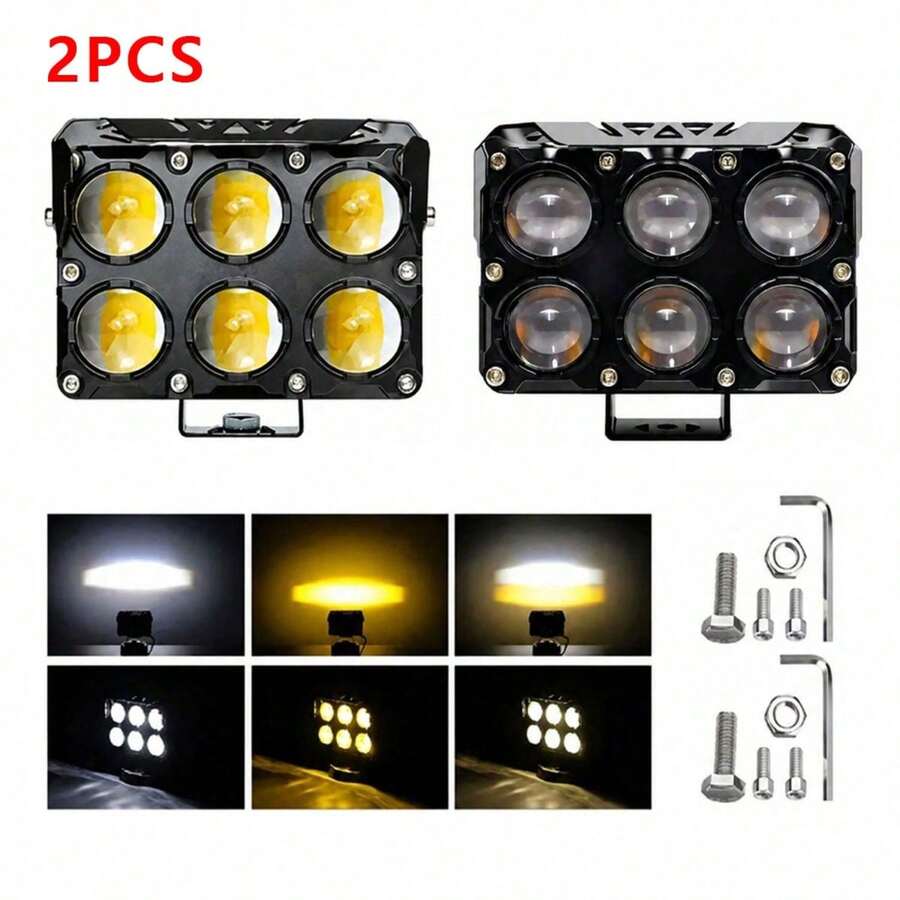 2pcs Faros Auxiliares LED con Lupa 6 Ojos para Auto y Moto 3 Modos de Luz Blanca y Ámbar Alta Luminosidad Impermeables IP67 para Niebla Carretera y Conducción Nocturna. - A - Ver 1