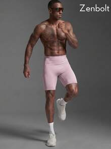 ZenBolt Men's High Waist Elastic Compression Fitness Shorts With Pockets, Workout Running Training Sports Shorts - Baby Pink - View 4