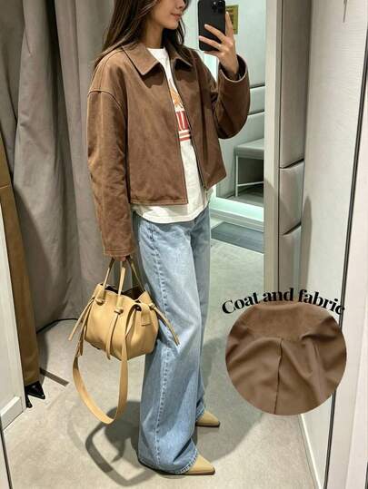 Fashionable Women's Brown Long Sleeve Zip-Up Collar Knit Fabric Jacket, Regular Length, Non-Stretch, Suitable For Autumn/Winter Wear