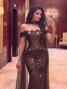 Women's Romantic Off-Shoulder Mermaid Evening Gown, Sequin Pearl And Rhinestone Decorated Formal Dress, Suitable For Prom - Coffee Brown - View 8