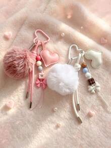 Korean Cute Fluffy Pom-Pom Beaded Keyring, Carabiner Phone Lanyard Bag Accessory - Multicolor - View 4
