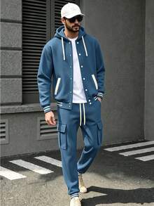 Men's Solid Color 2-Piece Set, Single-Breasted Colorblock Hooded Jacket & Multi-Pocket Pants, Premium Fabric - Blue - View 1