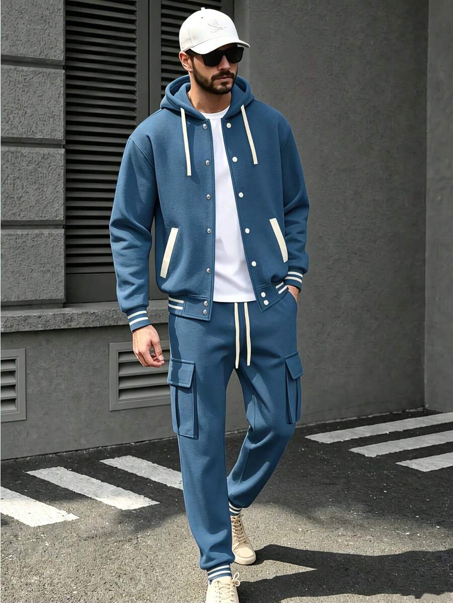 Men's Solid Color 2-Piece Set, Single-Breasted Colorblock Hooded Jacket & Multi-Pocket Pants, Premium Fabric - Blue - View 1