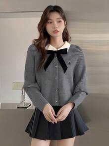 秋冬大學風拼接配色蝴蝶結領長袖刺繡女款開襟針織衫，街頭風 - 深灰色 - 查看 4