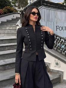 Women's Black Stand Collar Cropped Jacket, Double-Breasted Knit Contrast Design, Slimming Waist, Sexy Style - Black - View 4