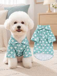 Satin Pet Pajamas, Breathable Comfortable Green Base Heart Print Dog & Cat Clothes, Non-Elastic Loungewear, Suitable For Small Dogs Teddy Bichon, All-Season Wear, Size Runs Small, Recommend Choosing 1-2 Sizes Larger - Green - View 2