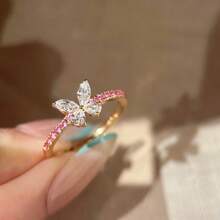 French Elegant Sparkling Red Zirconia Inlaid 18K Gold Plated Sweet Versatile Butterfly Open Ring - Red - View 6