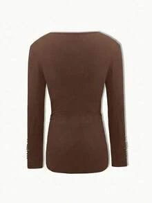 American Style Hot Girl Low Neck Long Sleeve Slim Fit Studded Tube Top 2 Pieces Set - Brown - View 8