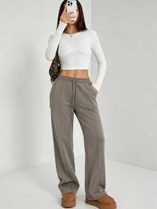 Women's Outdoor Sports Pants, Casual Straight-Leg Pants, Drawstring Elastic Waist Trousers Fall - Brown - View 3