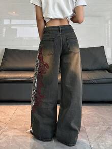 1件女款寬鬆刺繡寬腿牛仔褲，舒適休閒高街百搭丹寧長褲（不含腰帶/配件）春秋款 - 藍色 - 查看 3