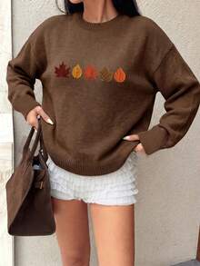 Women's New Round Neck Long Sleeve Sweater, Printed Pattern Top, Fashion Casual Knit Style, Suitable For Daily Commute - Dark Ochre - View 5