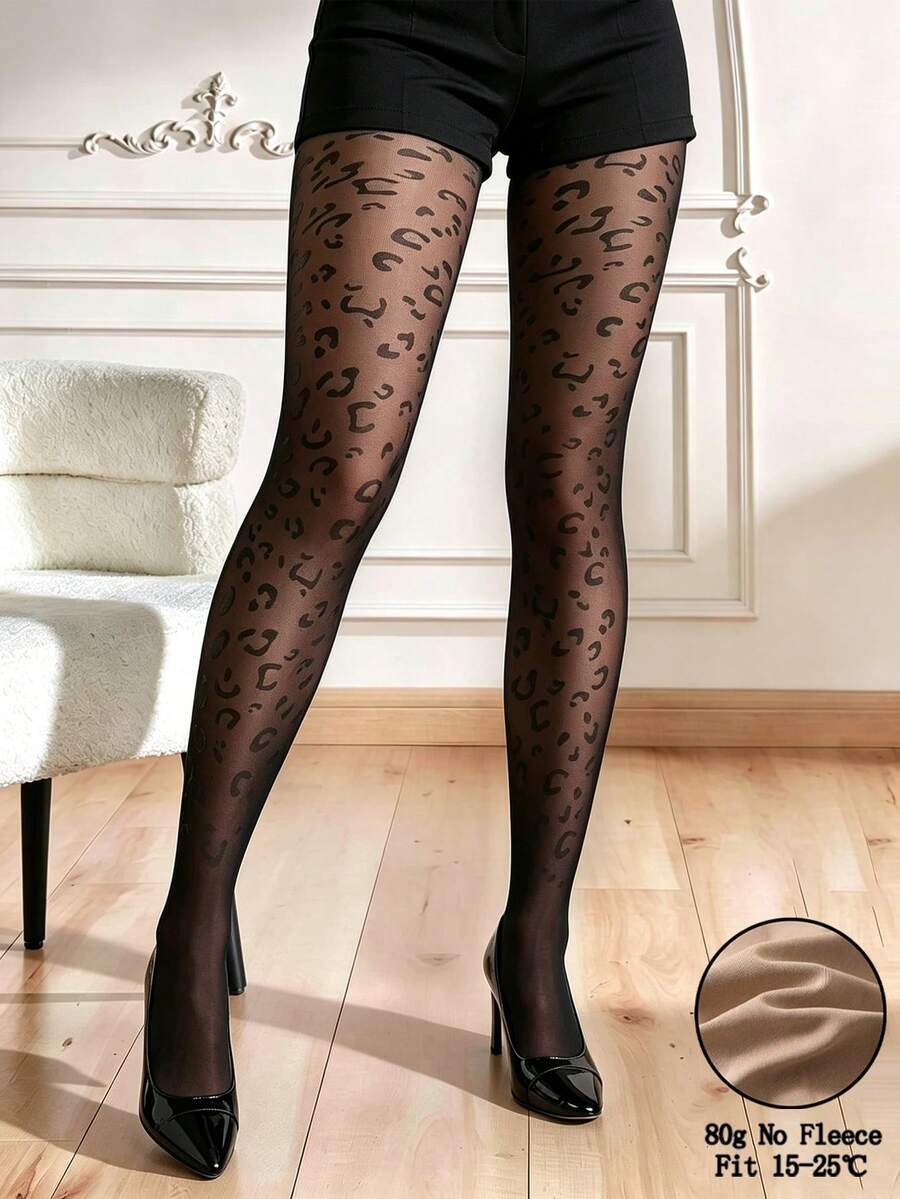 1pc 80g Black Sheer Printed Elastic Fashion Tight Leggings, High Waist Non-Slip Slimming Versatile Pantyhose, Halloween Christmas Sweet Cool Style Black Stockings, Suitable For 15-25℃ - Black - View 1