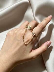 18K Gold Plated Flower Chain Double Finger Ring For Women, Pave CZ Floral Beaded Chain Hand Jewelry Ring, Exquisite Hand Accessory Gift - Gold - View 3