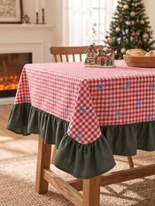 1pc Red & White Classic Small Plaid Blue Bow Print Tablecloth, Traditional Country Style Rectangular Green Leaf Edge Pleated Detail Stain-Resistant Protective Table Cover, Suitable For Christmas Family Gathering And Winter Holiday Dining Room Decor - Red - View 5