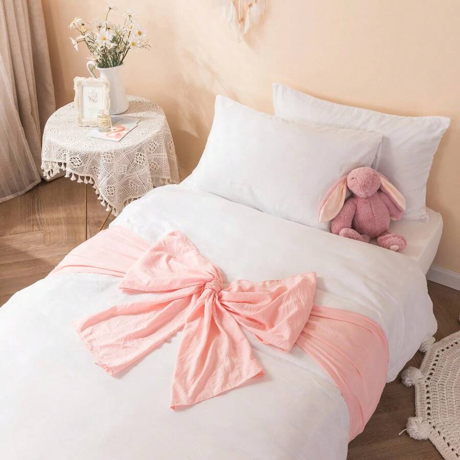 Cute Ribbon Duvet Cover Set - White & Pink Bow Design - 100% Soft Polyester - Hand-Tied Bows - Includes 1 Duvet & 1/2 Pillowcases (Multiple Sizes) - Pink Jade - View 1