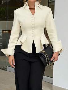 Unadoll Women's Autumn Elegant Stand Collar Single-Breasted Ruffle Trim Blazer, Long Flare Sleeve Slim Fit Formal Jacket, Suitable For Office, Daily And Outings - Off White - View 6