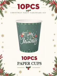 10/20pcs Christmas Disposable Paper Tableware Set, Includes 7-Inch And 9-Inch Plates, Cups, Napkins And Straws; Featuring Deep Green "Merry Christmas", Poinsettia And Bell Decorative Patterns, Suitable For Christmas Parties, Holiday Dinners, Winter Celebrations And Holiday Table Decor. - Multicolor 3 - View 11