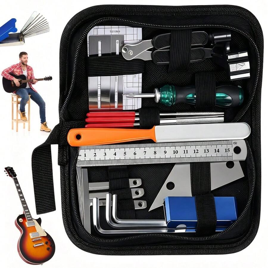 25 Piece Guitar Repairing Tool Kit String Changing For Guitar Bass Mandolin Banjo Ukulele Portable Gift For Music Instrument Enthusiasts Guitar Accessories - Black - View 1