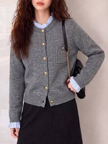 Women's Vintage Grey Knit Cardigan, Round Neck Long Sleeve Button Sweater, Autumn/Winter Fashion Regular Fit Cardigan - Grey - View 3