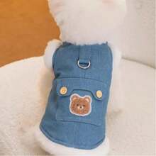 Cute Bear Print Double-Layer Fleece Pet Vest - Thickened Warmth, Soft & Comfortable, With Warm Wool Lining, D-Ring Chest Strap, Cute Bear Design - Winter Pet Jumpsuit (Blue) - Blue - View 9