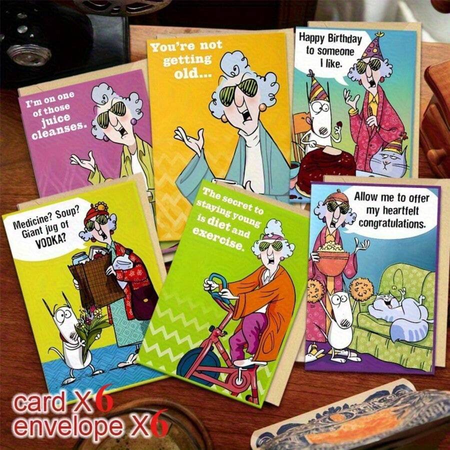 12pcs (6 Cards + 6 Envelopes) Humorous Cartoon Comic Card Set, Blank Birthday, Anniversary, Valentine's Day, Christmas, New Year Greeting Cards, Paper Material, With Envelopes, Suitable For Family And Friends, Celebration - A - View 1