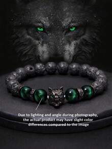 Men's Wolf Head Bracelet, Natural Stone Tiger's Eye Volcanic Rock Healing Protection Bracelet, Relieve Anxiety, Grounding, Bohemian Style Jewelry - Multicolor - View 10