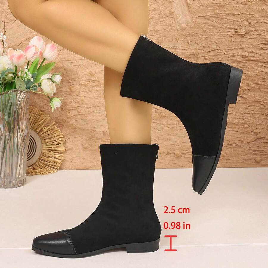 Women's Ankle Boots Flat Pointed Toe Skin-Like Velvet Patchwork V-Shaped Formal Ankle Boots, Back Zipper, Closed Toe, Autumn/Winter, Western, Party, Comfortable, Ankle Boots - Black - View 1