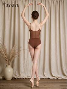 DonsGirl 1pc Women's Romantic Floral Print Mesh Ballet Leotard, Ruched V-Neck Spaghetti Strap Jumpsuit, Suitable For Dance Performance And Daily Wear - Coffee Brown - View 7
