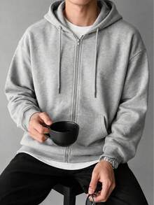 Men's Light Gray Full Zip Hoodie Sweatshirt, Autumn/Winter Casual Hooded Jacket With Kangaroo Pocket, Minimalist Style - Grey - View 3