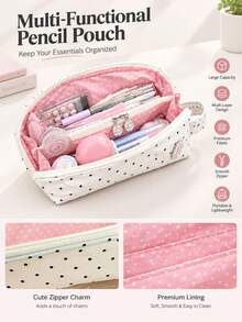 1pc Cute Polka Dot Semi-Circle Pencil Case, White Canvas With Black Dots, Highly Attractive Stationery Bag, Suitable For School And Office Use - Pencil Case - View 4