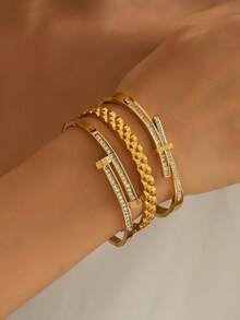 1pc/3pcs Stainless Steel Gold Bracelet Set, 6cm Diameter Small Size Vacuum Plated Zirconia Bracelet Stacking Set, Fade-Resistant, Suitable For Women's Daily Wear - Multicolor - View 2