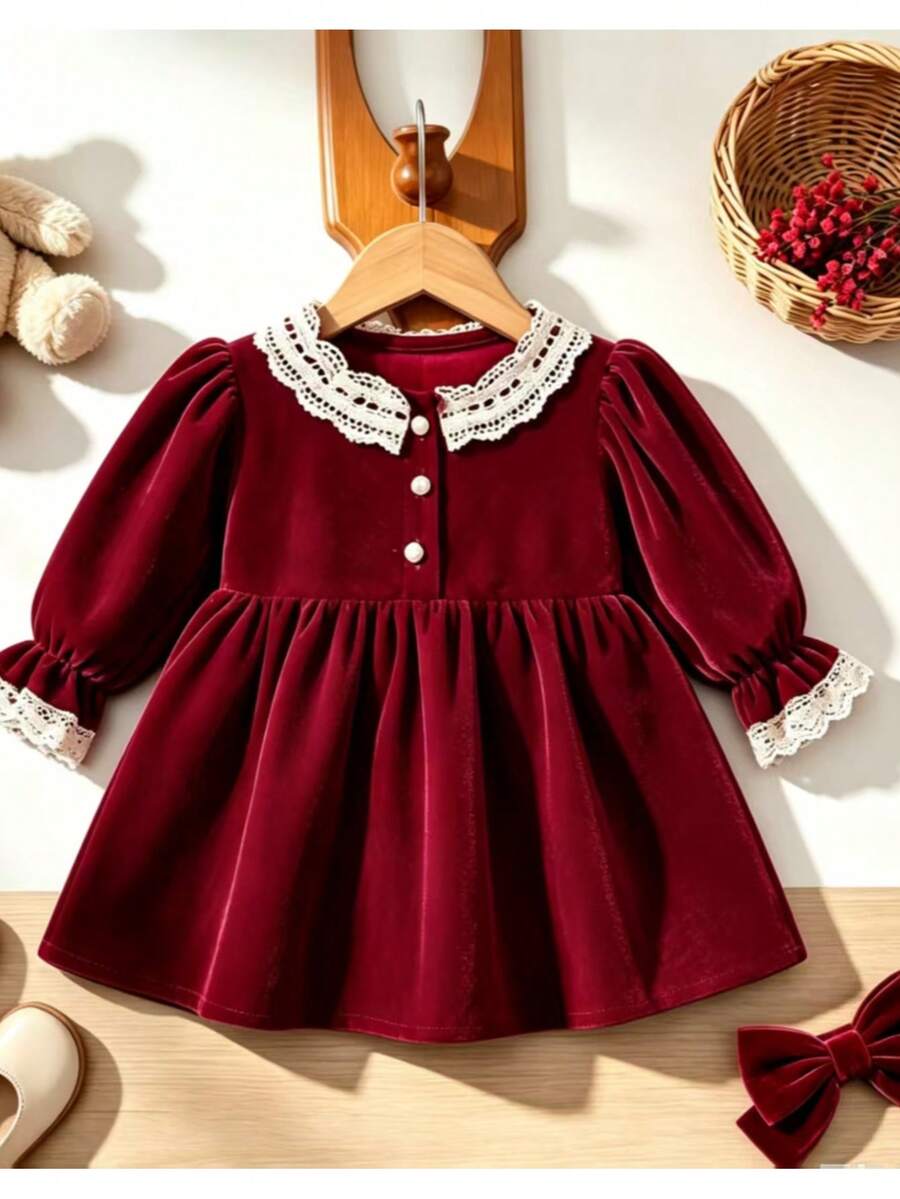 1pc Burgundy Velvet Lace Collar Long Sleeve Dress For Baby Girls, Front Button Vintage Palace Style High Waist A-Line Dress - Burgundy - View 1