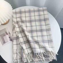 1pc Women's Plaid Tassel Scarf, Autumn/Winter Shawl - Beige - View 5