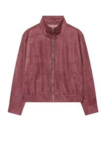 Women's Short Faux Suede Flight Jacket, Autumn Burgundy Long Sleeve Zip-Up Stand Collar Outerwear, Commute Office Outfit Jacket - Burgundy - View 5