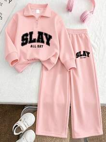 2pcs/Set Girls Half-Zip Polo Collar Letter Print Sweatshirt & Casual Wide Leg Pants, Comfortable Autumn/Winter New Girls Outfit - Pink - View 2