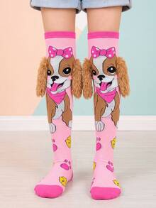 Girls' Fun Knee-High Socks With 3D Fuzzy Dog Ear Pattern And Cute Puppy Bow Design, Perfect For Birthday Parties Or Role Play Activities - Multicolor - View 9