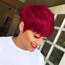 Green & BUG Red Color Layered Pixie Cut Human Hair Wigs For Women 6 Inch Short Pixie Cut Wig 150% Density Full Machine Made Wig With Bangs 1 Pc Human Hair Wig For Music Festival Daily Party Wear - SBUG - View 1