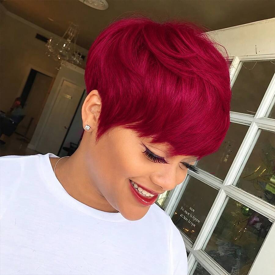 Green & BUG Red Color Layered Pixie Cut Human Hair Wigs For Women 6 Inch Short Pixie Cut Wig 150% Density Full Machine Made Wig With Bangs 1 Pc Human Hair Wig For Music Festival Daily Party Wear - SBUG - View 1