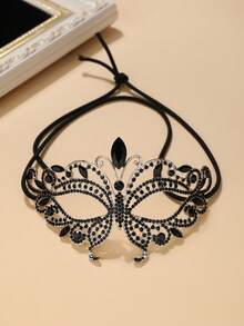 1pc Glass Rhinestone Butterfly Shaped Masquerade Mask, Halloween Personalized Face Decoration - Black - View 1