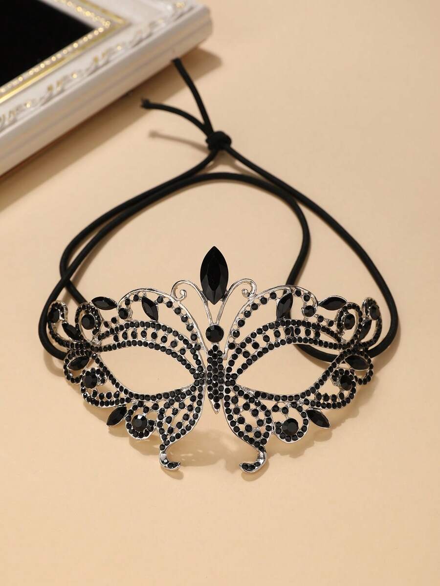 1pc Glass Rhinestone Butterfly Shaped Masquerade Mask, Halloween Personalized Face Decoration - Black - View 1