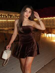 Women's Velvet Mini Tube Dress, Ruched Waist Design, Layered Ruffle Hem, Suitable For Autumn Night Out, Cocktail Party, Nightclub, Halloween Costume - Brown - View 4