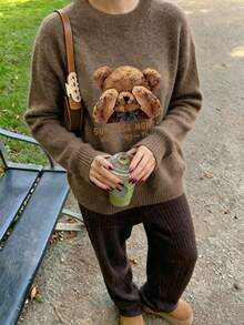 Plus Size Women Surprise Teddy Bear Pattern Casual Crew Neck Pullover Knit Sweater - Earth Gray - View 2