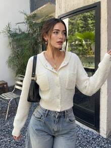 Women's Round Neck Cable Knit Short Pullover, Dropped Shoulder Long Sleeve Casual Sweater With Patch Pockets - White - View 4