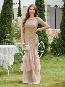 Elegant Champagne Gold Embellished Layered Evening Dress, Suitable For Parties, Gatherings, Holidays, Dates - Champagne Gold - View 3