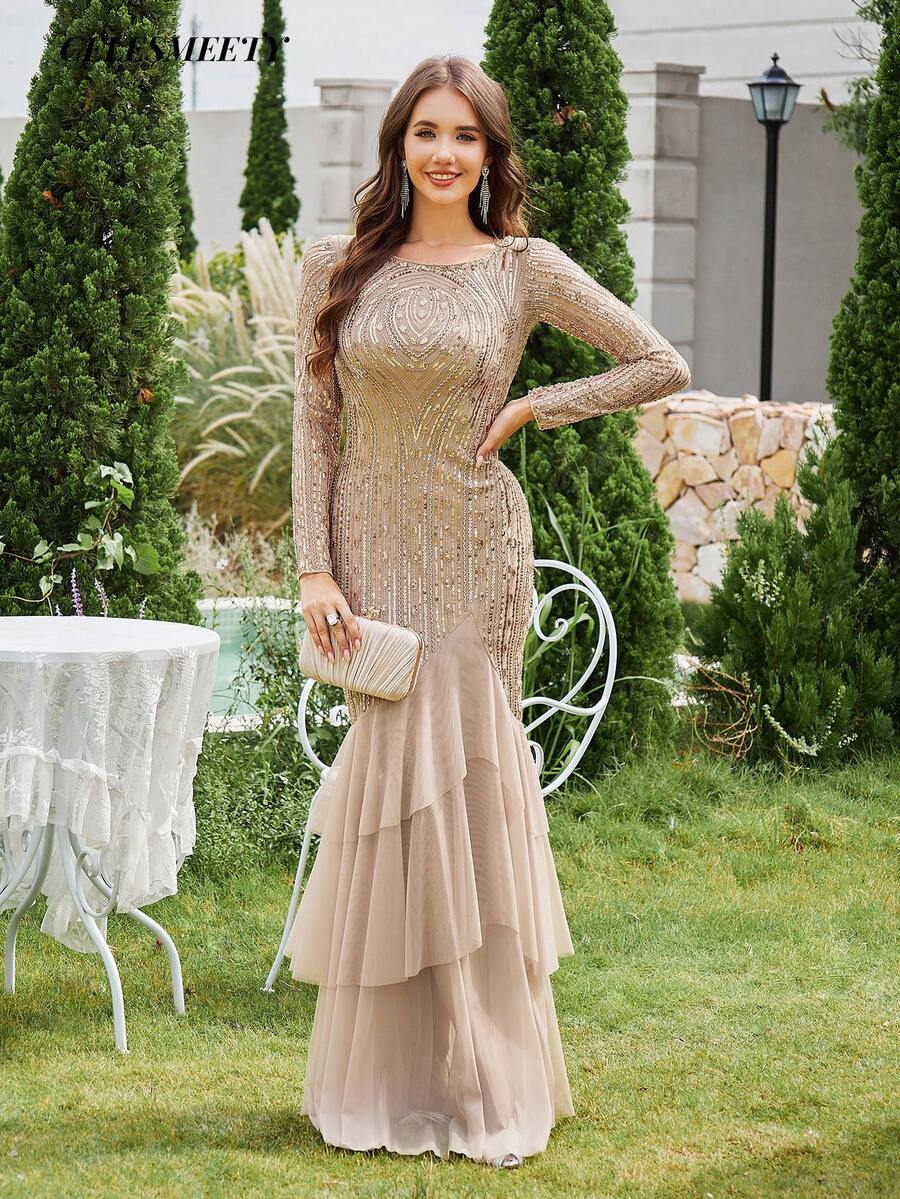 Elegant Champagne Gold Embellished Layered Evening Dress, Suitable For Parties, Gatherings, Holidays, Dates - Champagne Gold - View 1