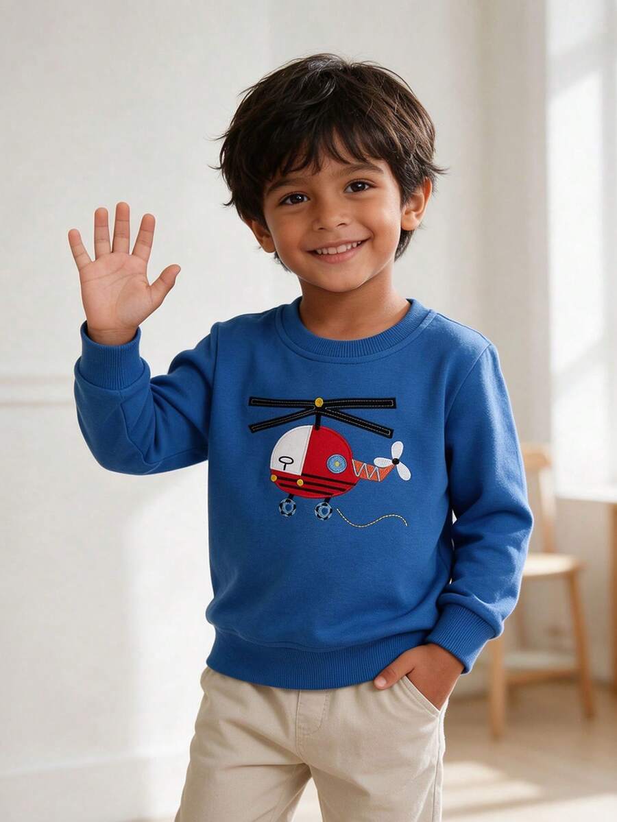 Boys' Round Neck Long Sleeve Sweatshirt With Helicopter Patch Embroidery, Loose Casual Pullover Sweatshirt For Toddlers And Young Children - Blue - View 1