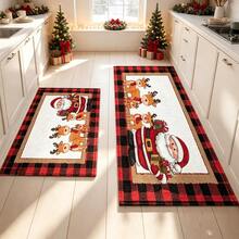 1pc Soft Faux Cashmere Material Floor Mat, Christmas Cartoon Santa Claus & Reindeer Pattern, Plaid Decor Non-Slip Mat, Suitable For Kitchen, Bathroom, Entrance, Bedroom Door, Multi-Scene Use Anti-Slip Floor Mat, Room Decor, Holiday Gift - Multicolor - View 1