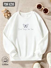 Kids Cotton Crewneck Sweatshirt With Blue Butterfly & "Good Things Take Time" Print, Long Sleeve Pullover - White - View 4