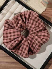 1pc Olive Green Orange Pink Brown Korean Style Plaid Ruched Scrunchie Soft Textured Fabric Hair Tie For Commute Girl Low Ponytail Bun - Multicolor - View 6
